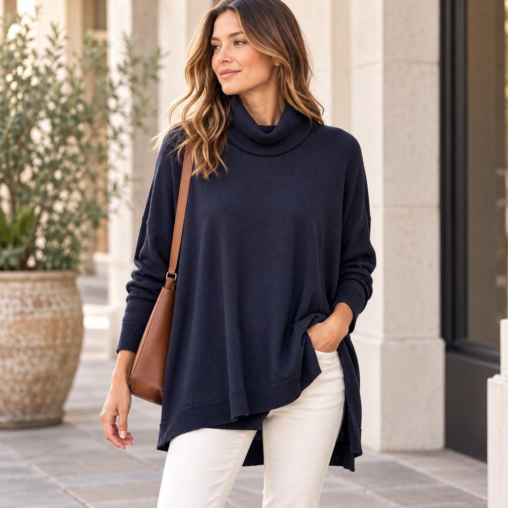 Eileen Fisher Lightweight Italian Merino Wool Turtleneck Sweater Sz M Navy